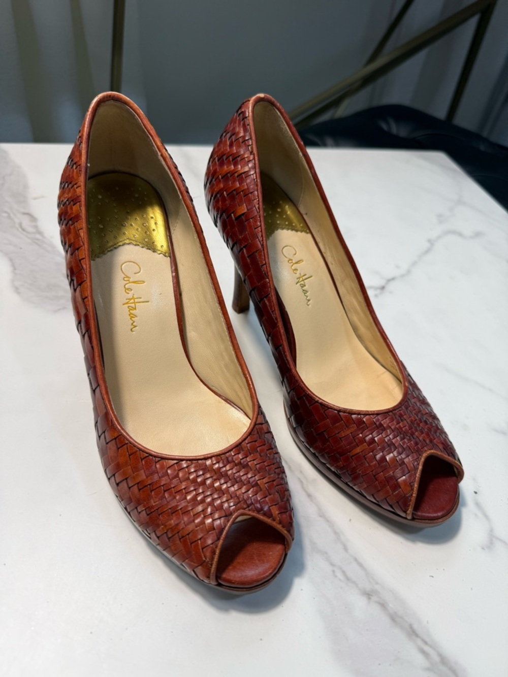 Cole Haan nike air Brown Woven Leather Peep-Toe stacked Heels 8